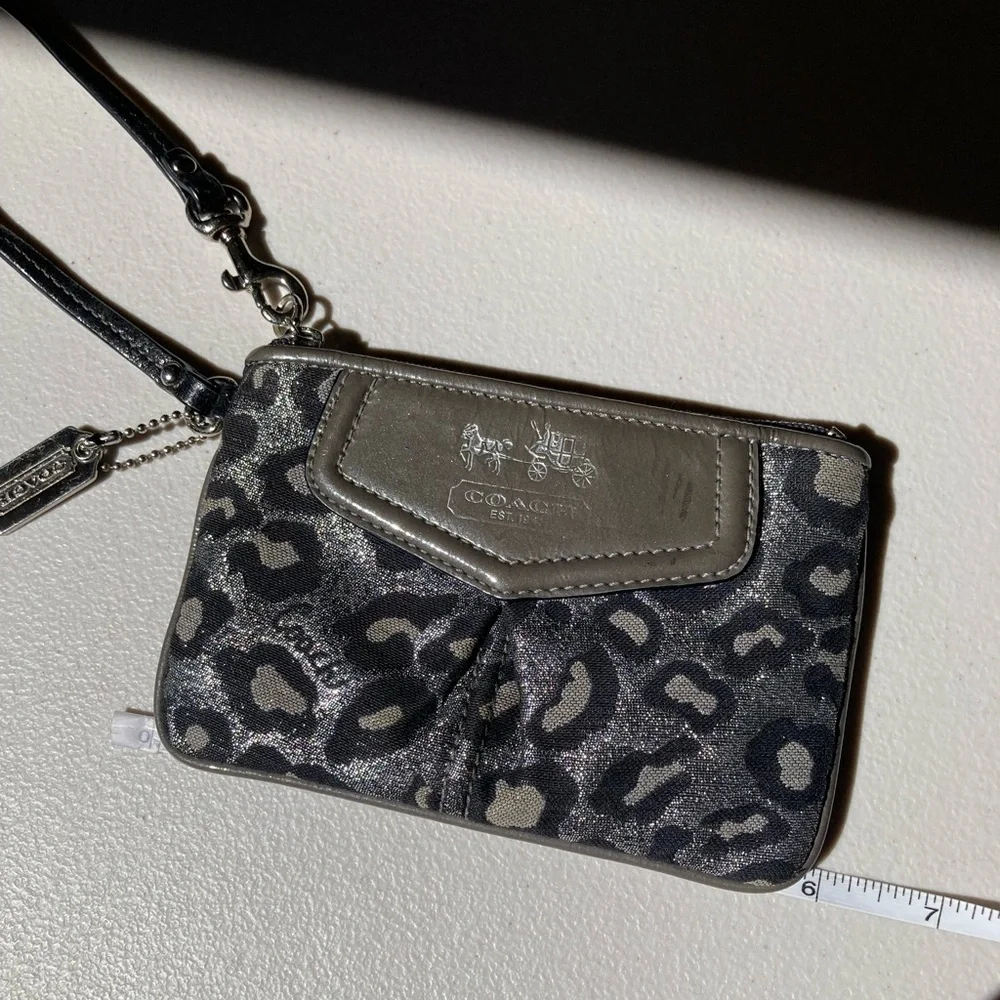 Coach Metallic Silver Glitter Sparkle Leopard Print Zipper Pouch Wristlet Wallet